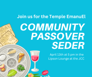 "Community Passover Seder" on blue background with illustrations of a seder plate, wine, and matzah