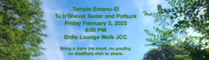 Announcement of Temple Emanu-El's Tu B'Shvat seder