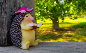 Cute hedgehog doll reading under a tree